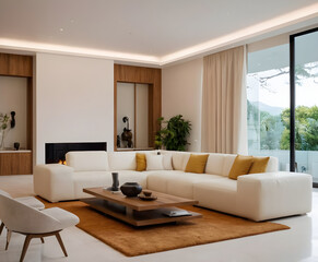 Spacious and stylish living room featuring a large white sofa, contemporary design, natural light, and a serene view through floor-to-ceiling windows