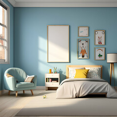 Kid room interior with bed, chair and blank poster frame mockup on light blue wall