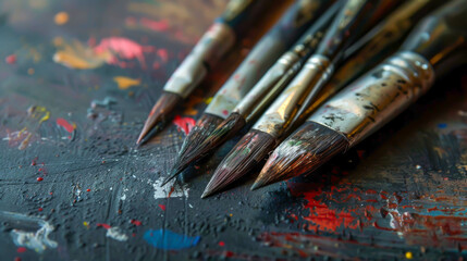 Obraz premium A group of paintbrushes are laying on a table with a colorful background. The brushes are all different sizes and colors, and they appear to be used for painting. Scene is creative and artistic
