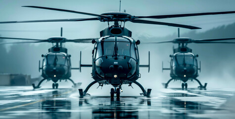 Three black helicopters are lined up on a wet runway. Concept of readiness and preparedness, as the helicopters are positioned for takeoff or landing. The wet runway adds an element of challenge