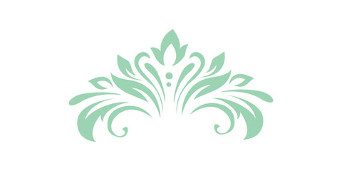 Abstract pattern, decorative element, clip art with stylized leaves, flowers and curls in light green lines on white background. Central top ornament