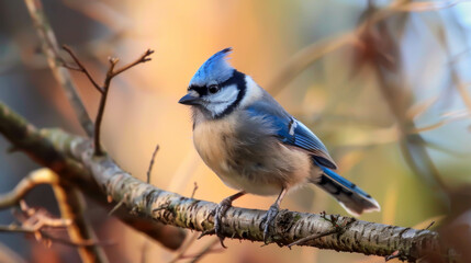 A blue bird is perched on a branch. The bird is small and has a blue head. The branch is thin and has some leaves on it