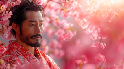 Male figure in traditional Japanese kimono, delicate cherry blossom pink background