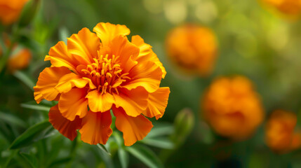 Fototapeta premium A single orange flower is the main focus of the image, surrounded by green leaves. The flower is the most prominent element in the scene, drawing the viewer's attention