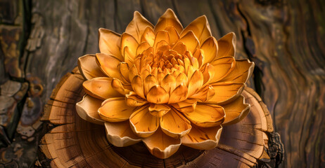 A yellow flower is on a wooden surface. The flower is surrounded by a brown border. The flower is the main focus of the image, and the wooden surface adds a natural and rustic touch to the scene
