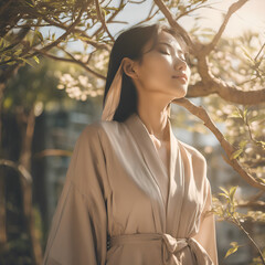 An Asian woman enjoying the gentle warmth of the sun.