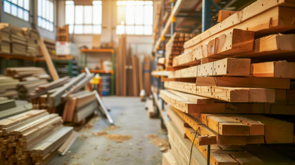 A wood shop with stacks of wood on the floor. Scene is that of a busy and bustling workshop