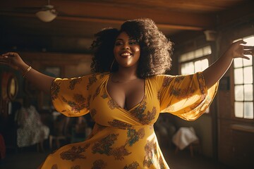 A young plump woman dances in a dance studio. The concept of body positivity and acceptance of your...
