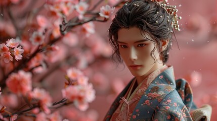 Male figure in traditional Japanese kimono, delicate cherry blossom pink background