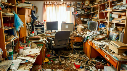 A messy room with a desk and chair. The desk is cluttered with papers and books. The chair is pushed against the wall