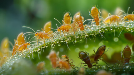 A group of bugs are walking on a leaf. The bugs are mostly brown and yellow