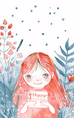Watercolor Illustration of Girl Wishing Happy Birthday
