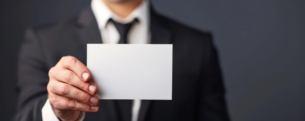 Businessman holding a blank white card. Close-up portrait with copy space