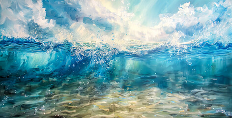A painting of a wave crashing in the ocean. The painting is full of blue and white colors, and the waves are very large. The mood of the painting is calm and peaceful