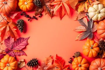 Autumn leaves making a border on orange background, copy space