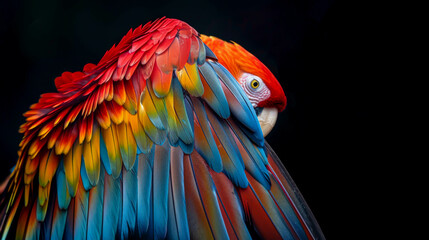 Fototapeta premium A colorful parrot with a red beak and green and blue feathers. The bird is looking at the camera