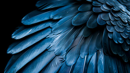 Fototapeta premium A close up of a bird's wing with blue feathers. The wing is shown in detail, with each feather clearly visible. The blue color of the feathers creates a sense of calmness and serenity