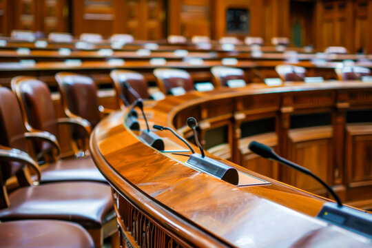 A wooden conference table with microphones and chairs