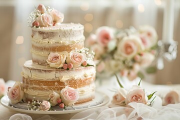 Obraz na płótnie Canvas A wedding cake adorned with roses sits on a table