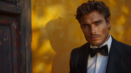 Male model in a sleek black tuxedo, striking a pose, vibrant yellow background