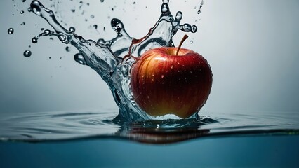 Red apple splashing into clear water, droplets frozen in motion against dark background