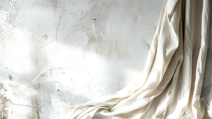 A white curtain is draped over a wall. The curtain is white and has a slightly frayed edge. The...