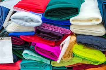 Collorful textile materials rolls used in fashion industry sold on market outdoors