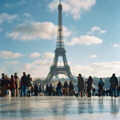Foreground spectators with Eiffel Tower gently blurred in background, AI-crafted scenic shot.