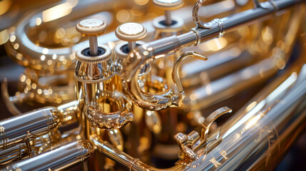 A brass instrument with a gold finish. The trumpet is shiny and has a gold finish