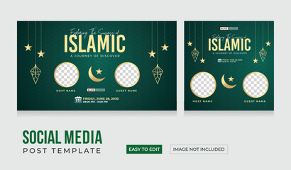 Islamic Webinar social media template. Perfect for Islamic webinars, Quran studies, Muslim education, Religious events and other online seminars. Social media post template for Islamic.