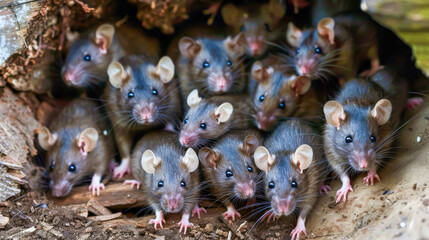 A group of mice are gathered together in a small space. Concept of community and togetherness among the mice