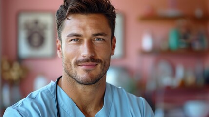 Portrait of a male nurse in light blue scrubs, soft pink background