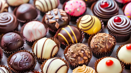 A variety of chocolate truffles are displayed in a row, with some of them having different colors and flavors. Concept of indulgence and luxury