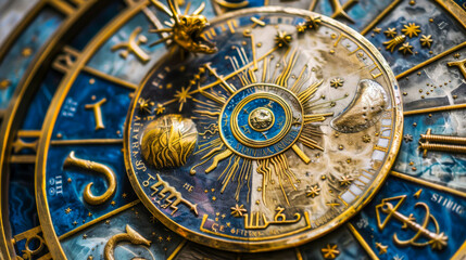 Naklejka premium A clock with a gold and blue face with the numbers 1 to 12 and the letters J, K, L, M, N, O, P, Q, R, S, T, U, V, W, X, Y, Z