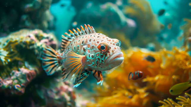 A fish with orange and white spots swims in a coral reef. The fish is surrounded by other fish and seaweed