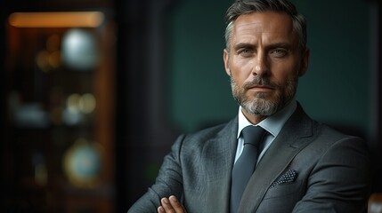 Serious CEO in charcoal grey business suit, dark emerald green background