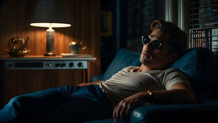 Obraz premium Man relaxing on couch in dimly lit room