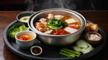 A flavorful hot pot filled with bubbling spicy broth surrounded by various vegetables and seafood