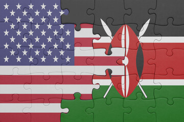 puzzle with the colourful national flag of kenya and flag of united states of america .