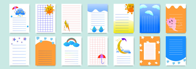 Children's funny diary with funny cartoon weather elements. Glider vector template.