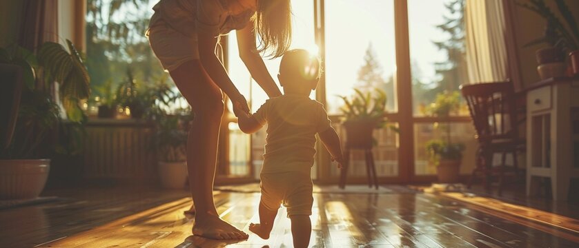 A mother and her toddler boy celebrating his first steps indoors, symbolizing achievement and new beginnings 8K , high-resolution, ultra HD,up32K HD