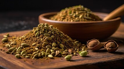 A bowl of fragrant ground cardamom in a warm brown color wooden bowl