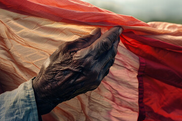 A close-up shot of weathered hands holding a Juneteenth flag, the fabric rippling slightly in a warm summer breeze. 