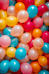 Colorful party theme background. Creative art design for surprise birthday party. Greeting card with decorations, balloons, party hats and confetti. 