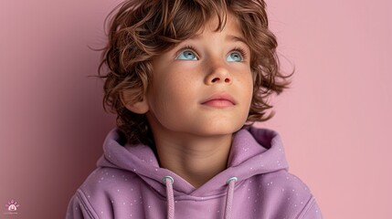 Thoughtful young boy in a purple hoodie, looking upwards, isolated on a light pink background.