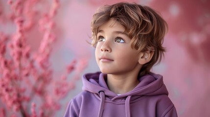 Thoughtful young boy in a purple hoodie, looking upwards, isolated on a light pink background.