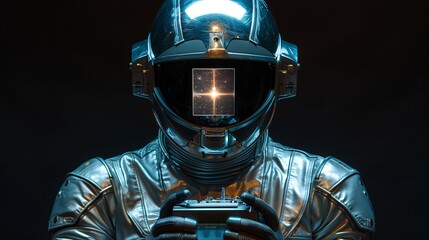 Young adult in a futuristic silver suit holding a hologram projector, pure black background