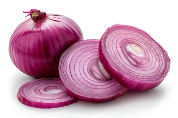 Whole and Sliced Red Onion on White Background
