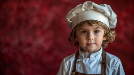 Young boy dressed as a chef, white chef's hat and apron, with a crimson background.