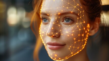 A woman's face overlaid with a glowing network of connected nodes, representing advanced facial recognition technology.